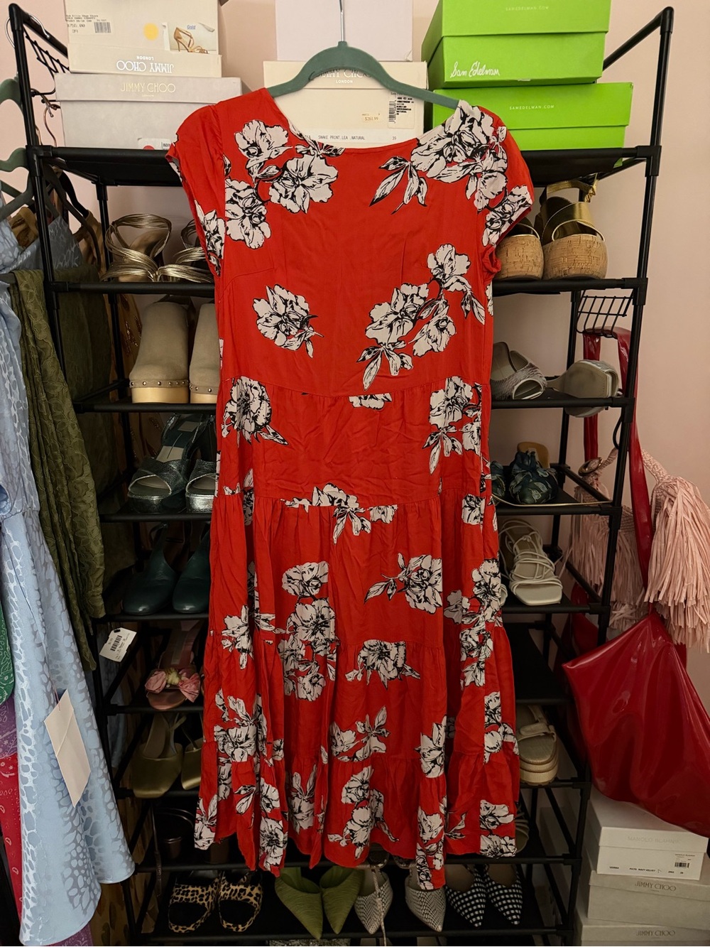 Free People Red Floral Tiered Midi Dress